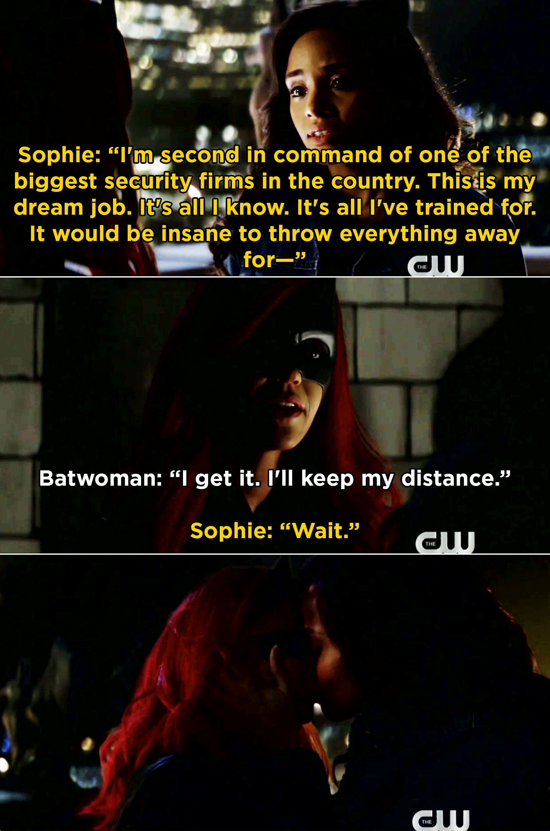 索菲告诉Batwoman,她爱她的工作,但她会扔掉它了凯特,然后两人接吻