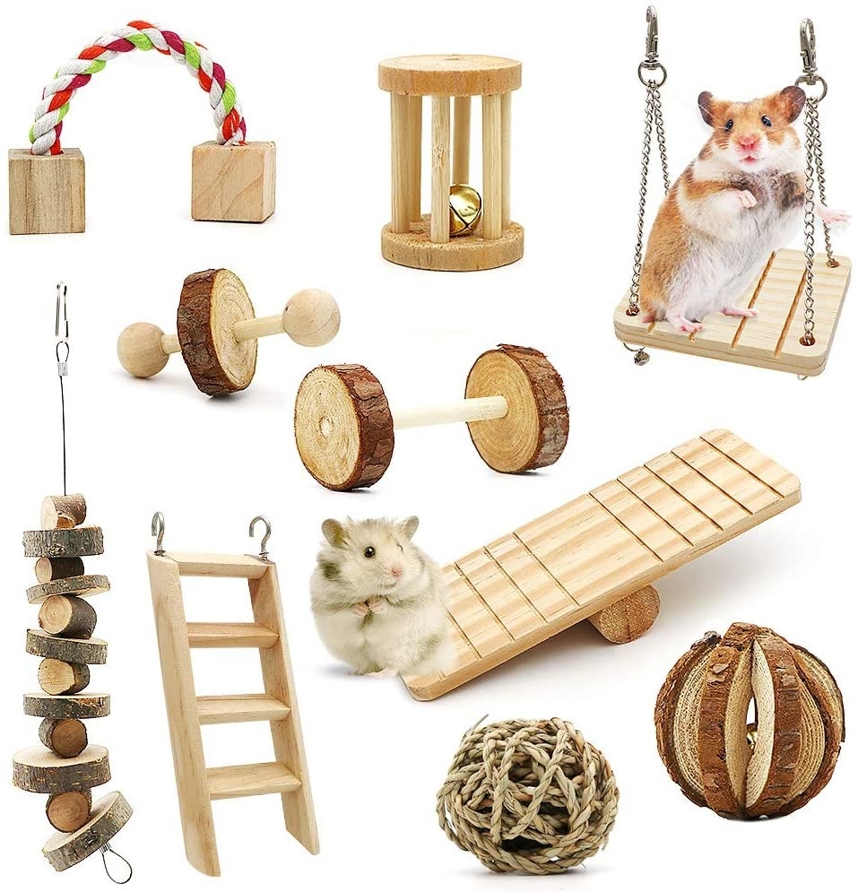 Small wooden toys with hamster playing on them 