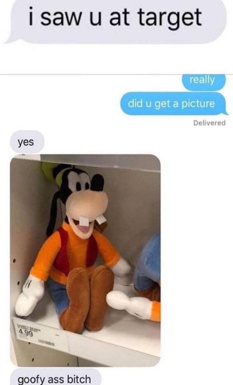 text reading i saw you in target but they say goofy ass bitch and send a picture of goofy the cartoon