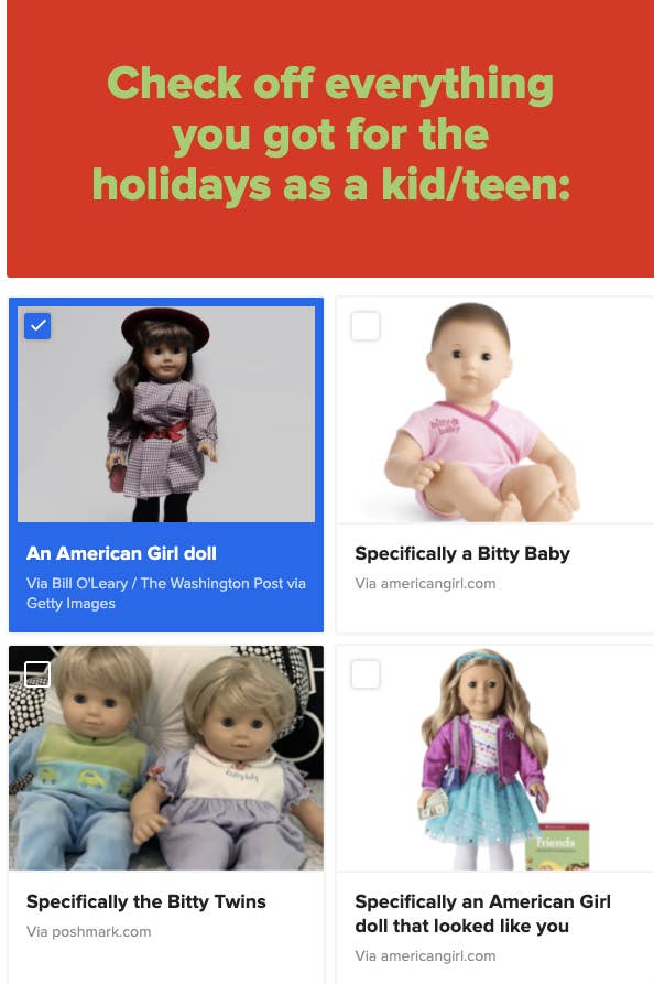 A checklist with an american girl doll, a bitty baby, the bitty twins, and an american girl doll that looked like you