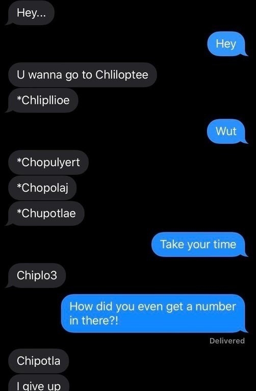 a person has a lot of trouble spelling chipotle, messing it up 7 times