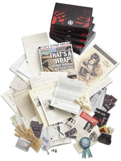 A pile of newspapers, documents, and miscellaneous objects included in the Hunt A Killer box to solve the mystery 