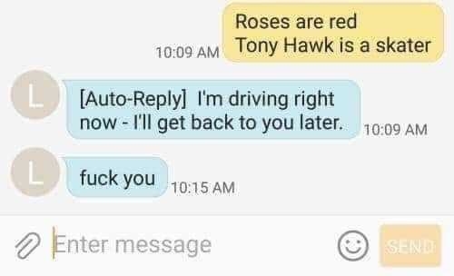 text reading roses are red tony hawk is a skater i&#x27;m driving right now i&#x27;ll get back to you later