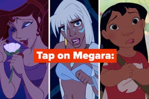 Three Disney character with text, "Tap on Megara"