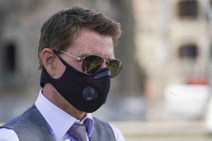 Tom Cruise wearing a mask on the set of Mission: Impossible 7