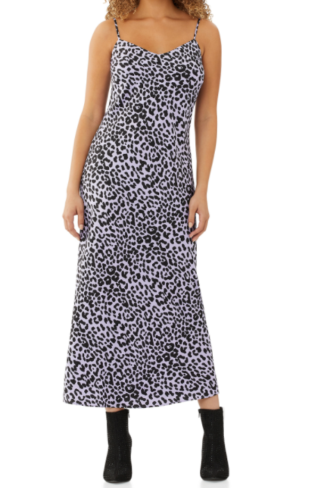 Long slip dress in purple leopard pattern.
