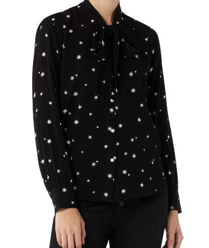 Button-down black blouse with tiny white star pattern.