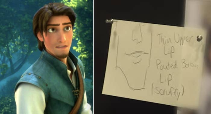 A side-by-side of Flynn Rider and a post-it note from Disney&#x27;s &quot;hot guy&quot; meeting