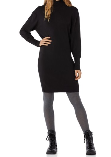 A black turtleneck sweater dress with leggings.