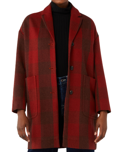 Red and black plaid cocoon coat.