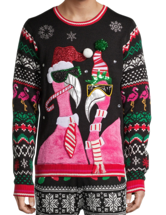 Holiday sweater with festive designs and two pink flamingos wearing sunglasses.