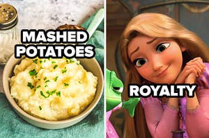 mashed potatoes and rapunzel with a royalty label