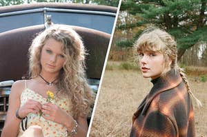 Taylor Swift from her old country days and her now for the cover of Evermore