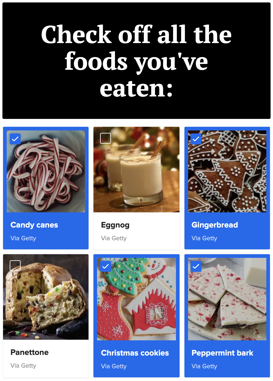 Candy canes, Eggnog, Gingerbread, Panettone, Christmas cookies, and Peppermint bark