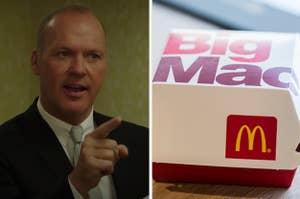 Side-by-side images of Michael Keaton as Ray Kroc in "The Founder" and a Big Mac box