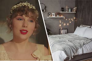 On the left, Taylor Swift in the "Willow" music video, and on the right, a chill bedroom with a bed, shelves with knickknacks on them, and fairy lights