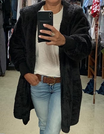 Amazon reviewer wearing black open-front jacket by LookBookStore