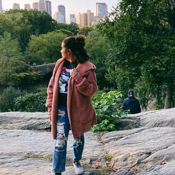 Amazon reviewer wearing dark pink open-front jacket by LookBookStore