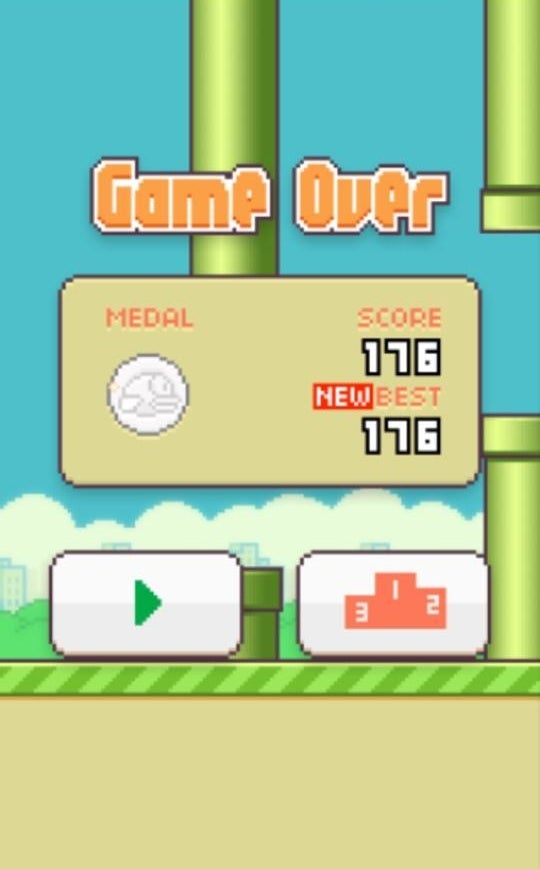 a screenshot of a Flappy Bird score screen with a score of 176