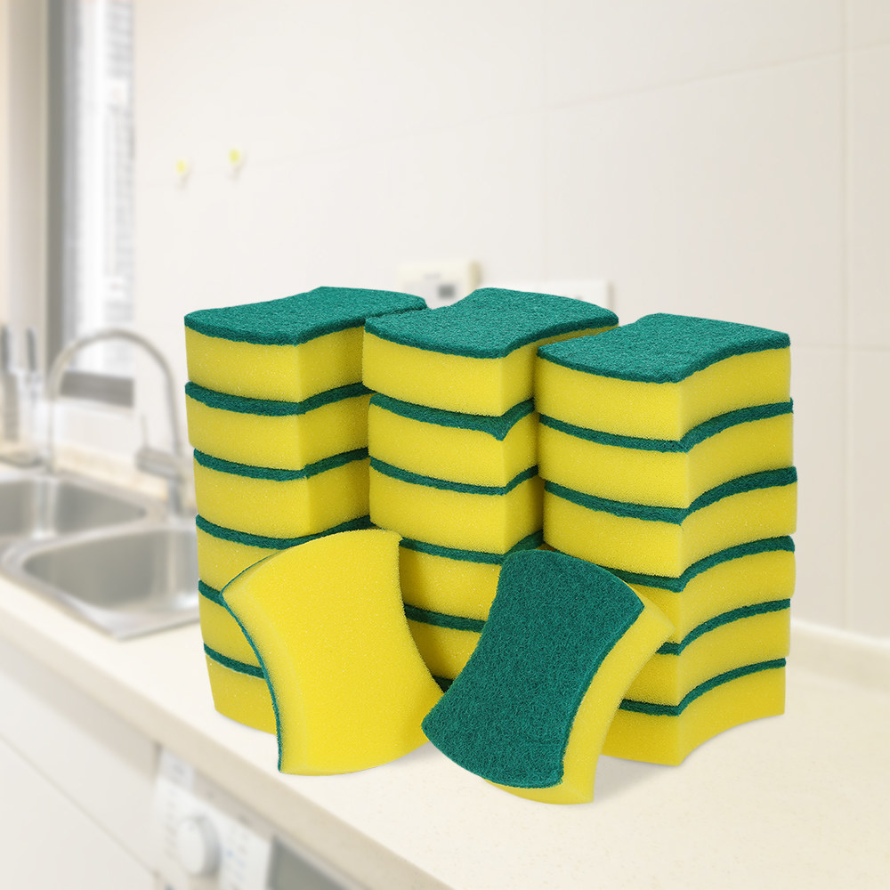 the pack of 20 sponges with scrubber sides on the counter