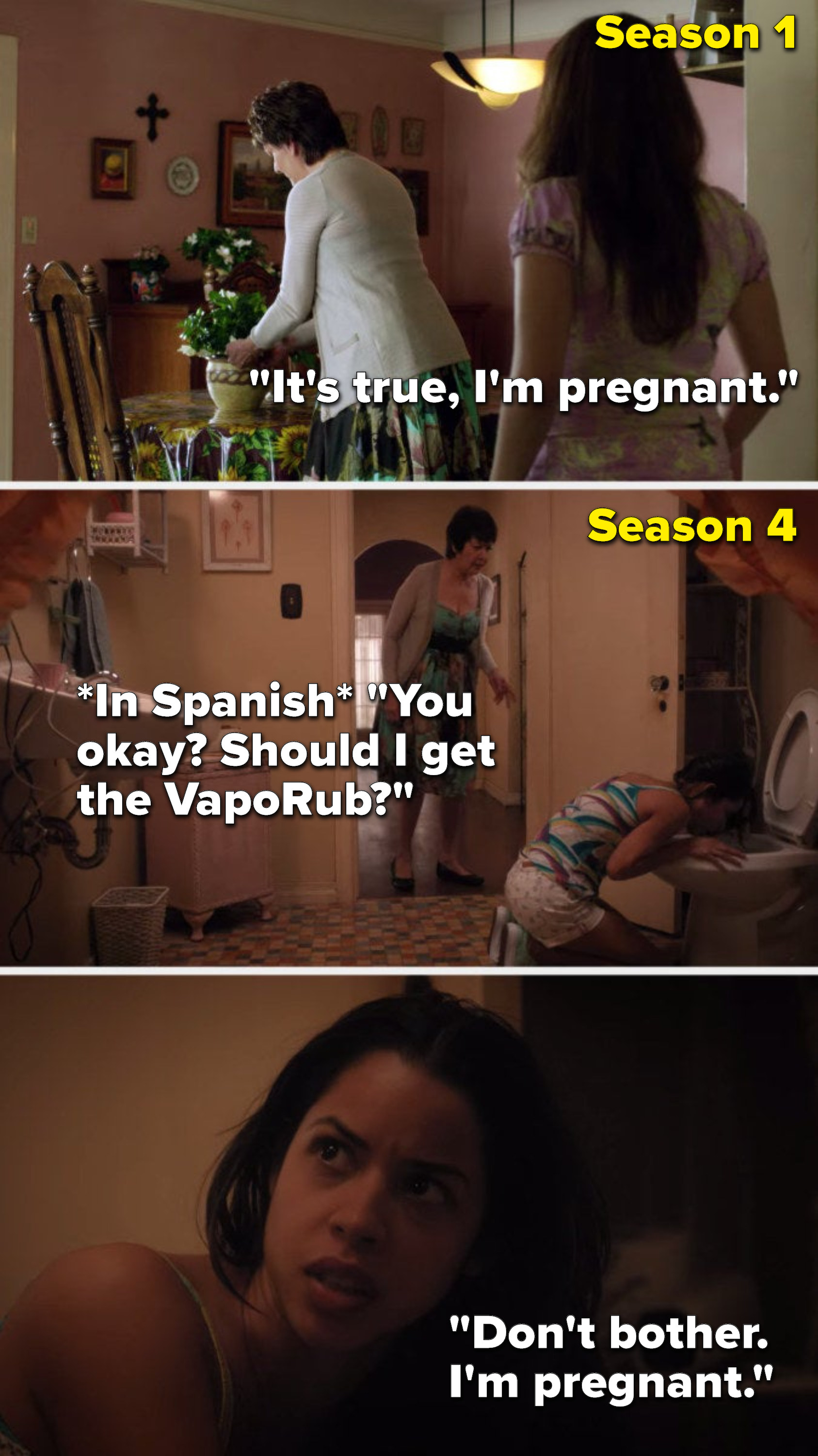 In Season 1, Xo says to Alba, &quot;It&#x27;s true, I&#x27;m pregnant,&quot; then in Season 4 Xo is vomiting and Alba asks, &quot;You okay, should I get the VapoRub,&quot; but Xo says, &quot;Don&#x27;t bother, I&#x27;m pregnant&quot;
