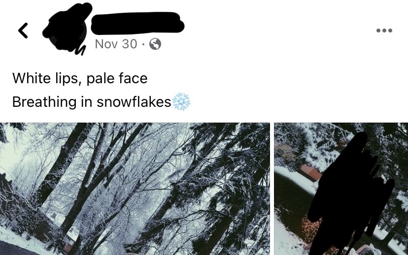 a photo in the snow captioned with &quot;white lips, pale face, breathing in snowflakes&quot;