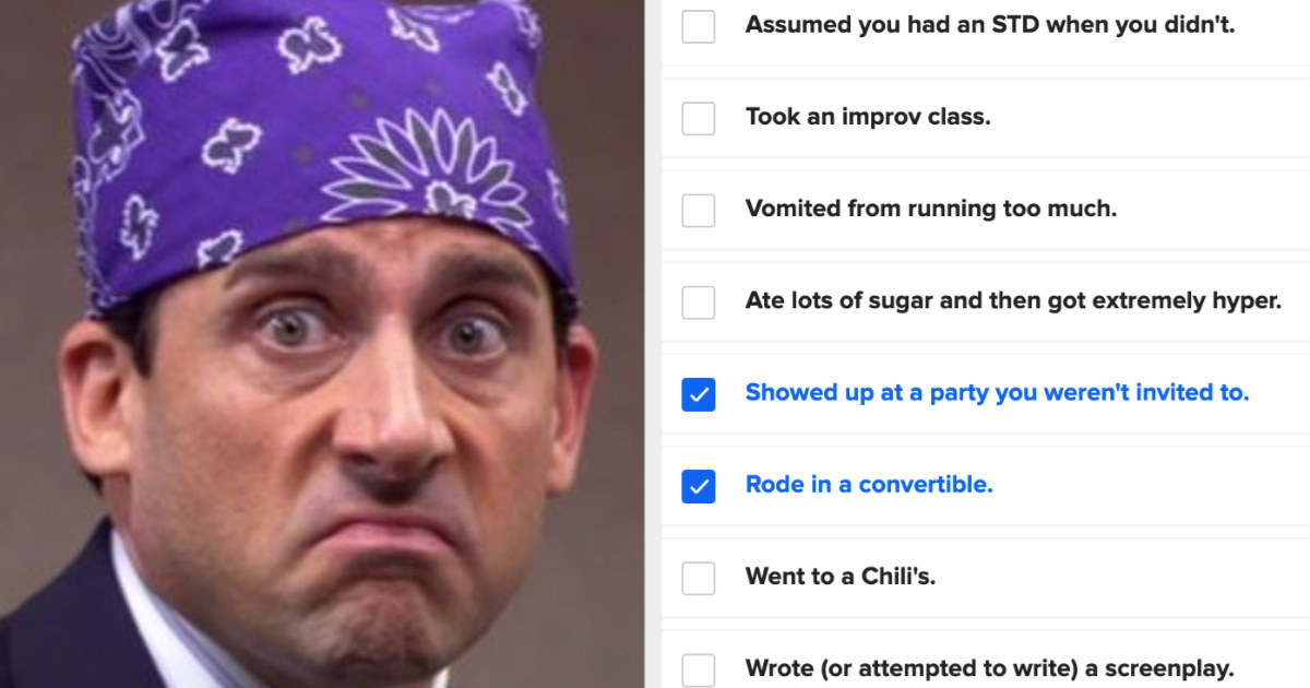 An image of "Prison Mike" wearing a bandana; a checklist of questions to see if your personality matches with Michael Scott's