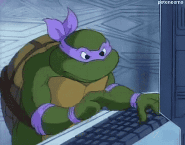 a teenage mutant ninja turtle typing frantically on a computer