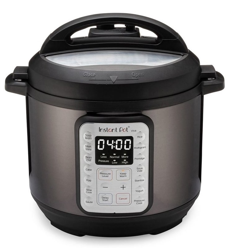 a silver and black instant pot pressure cooker with a digital display