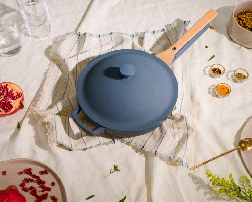 The blue salt pan and nesting beechwood spatula