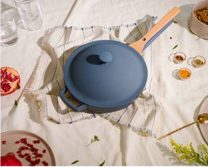 The blue salt pan and nesting beechwood spatula
