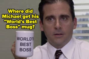 Michael Scott from "The Office" in the pilot episode, holding up his "World's Best Boss" mug