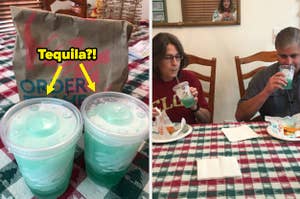 Baja Blasts with arrows pointing at them that say "tequila?!" next to parents sampling Baja Blasts