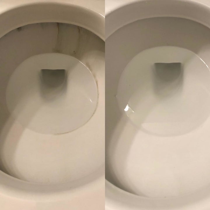 A before and after pic showing the pumice stone removed hard water stains from the toilet bowl