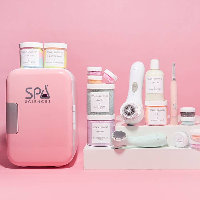 pink spa sciences fridge with skincare on the side