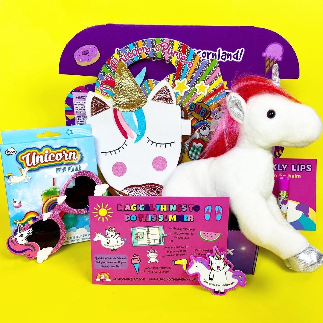 box filled with various unicorn-themed items