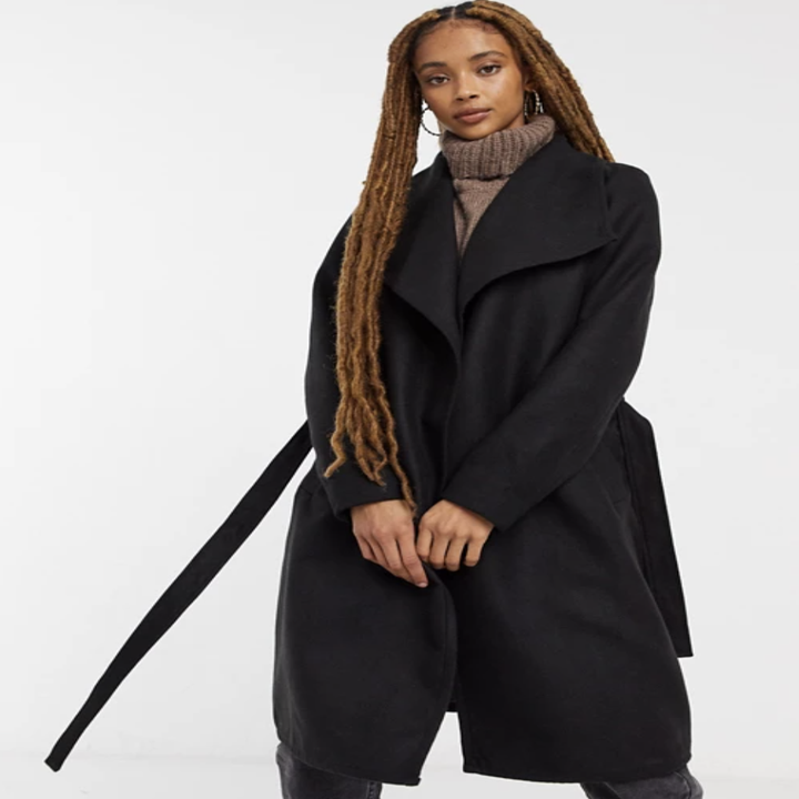 Model wearing black Asos oversized wrap coat