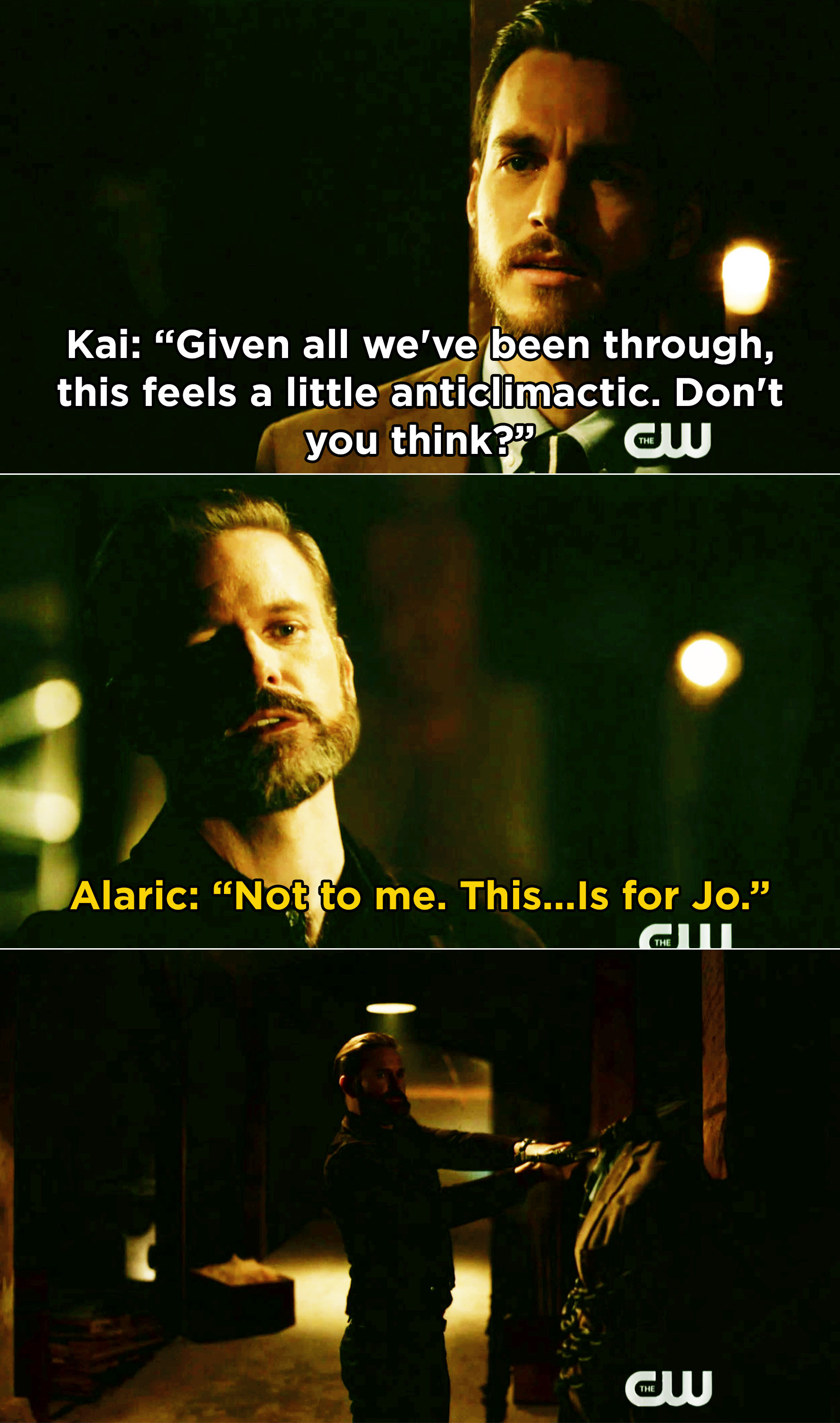 Alaric saying, &quot;This is for Jo&quot; then decapitating Kai