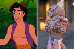 On the left, Aladdin, and on the right, someone holding a chocolate ice cream cone