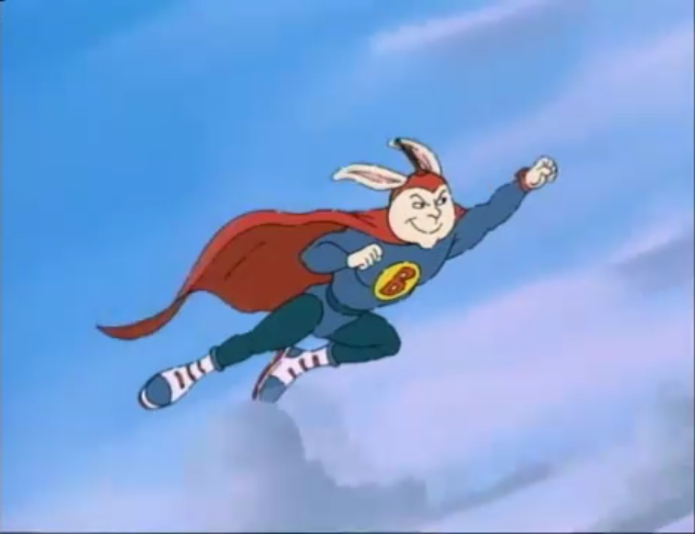 Buster as a superhero named &quot;the bionic bunny&quot; flying throw the sky with a red cape