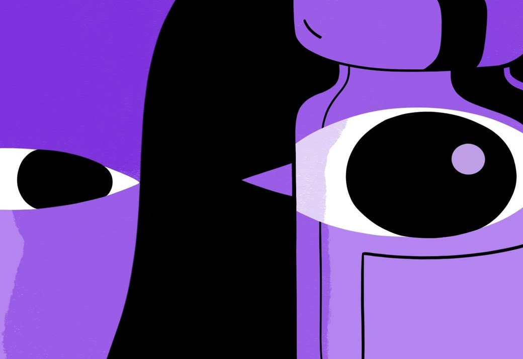 An illustration shows a person's large eyes looking at a vial