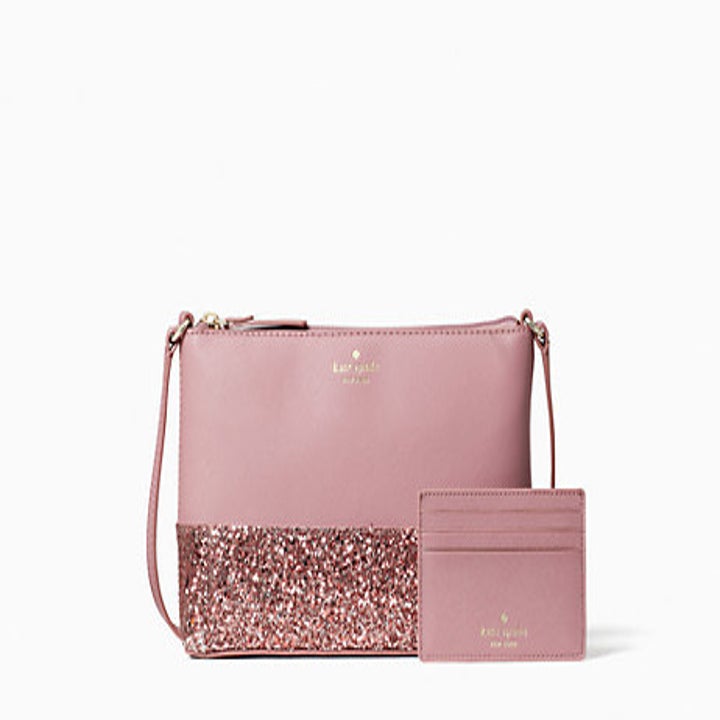 dusty rose purse with glitter bottom and matching wallet