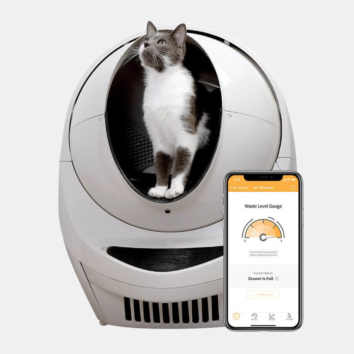 The silver litter box and a smartphone open to the compatible app