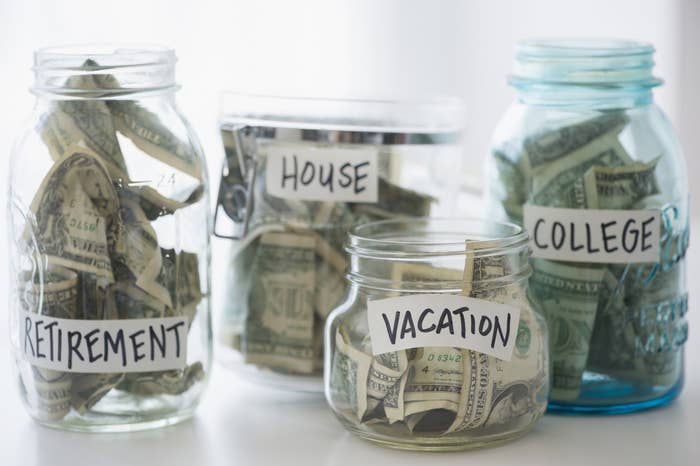 Jars of money for retirement, house, vacation, and college