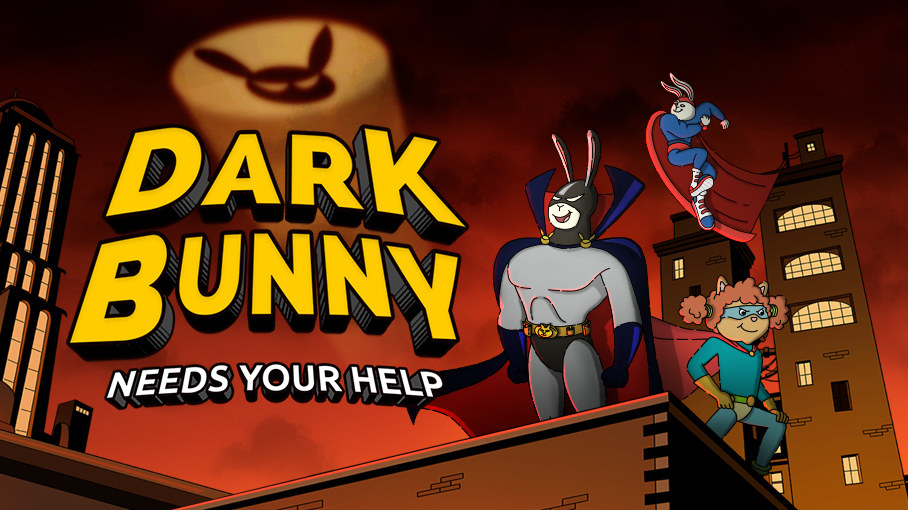 Buster as a superhero with a black mask, and a bunny signal being shone in the sky