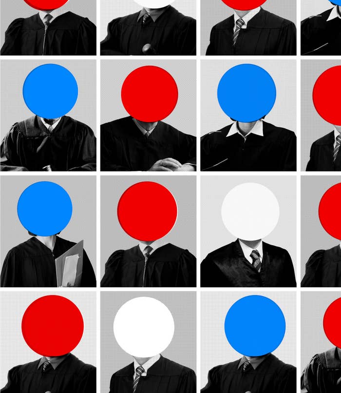 An illustration showing a number of judges, some with red dots over their faces, some with blue dots, a few with white dots