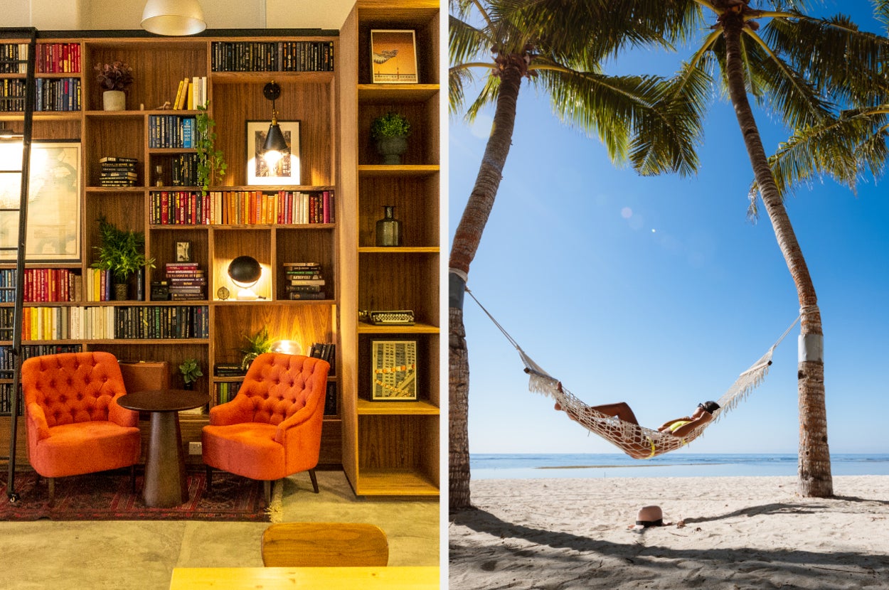 A cosy looking bookshelf next to an image of a hammock by the beach