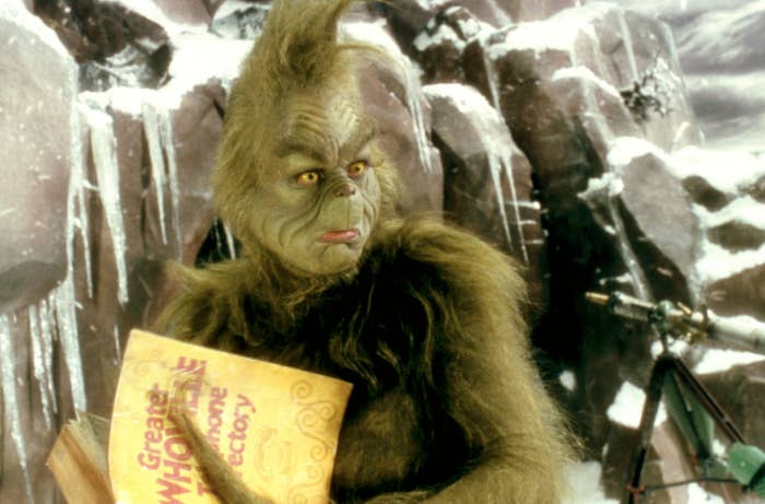 Jim Carrey as the Grinch in "How the Grinch Stole Christmas" looks shocked