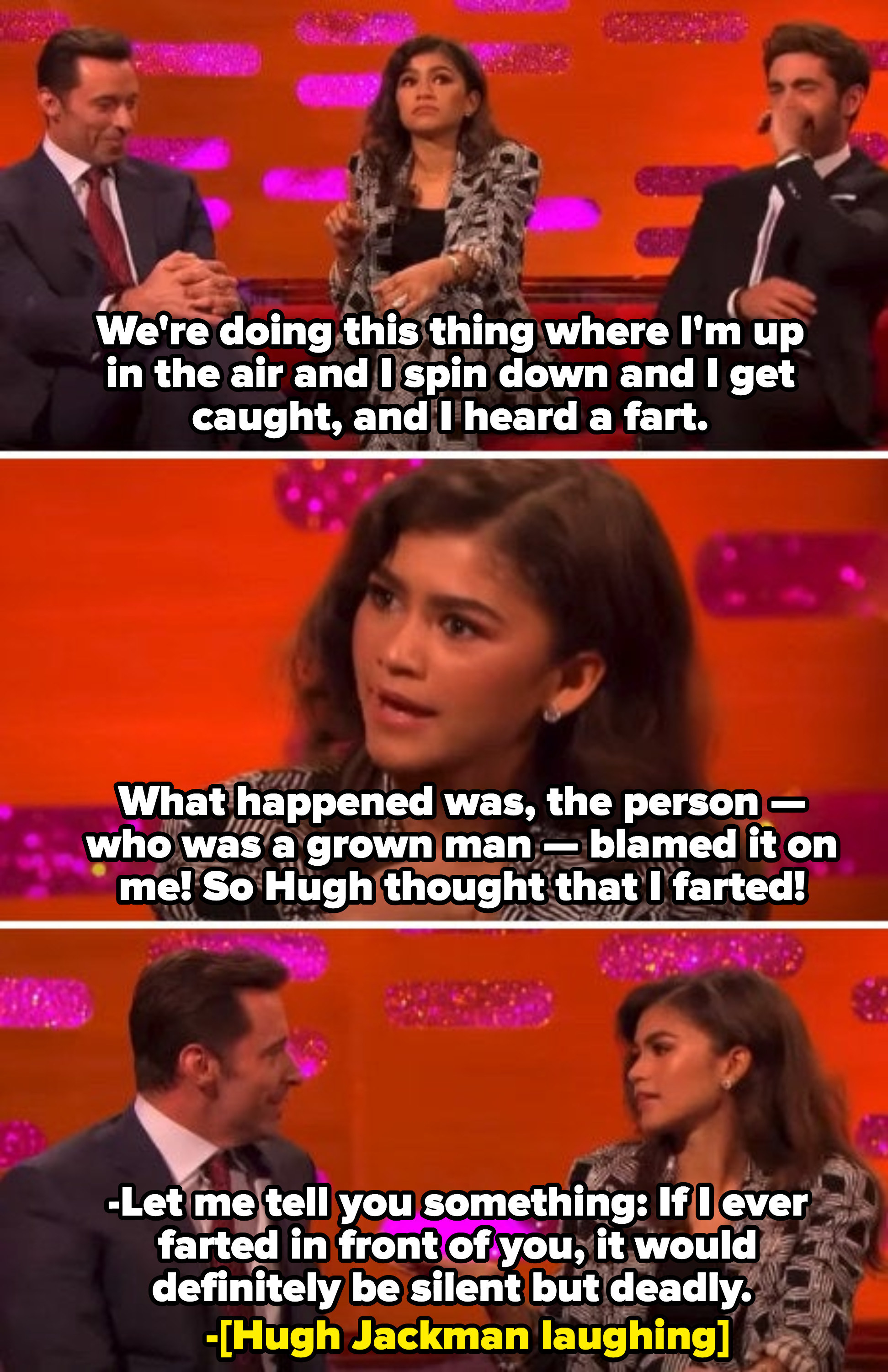 Zendaya: &quot;The person — who was a grown man — blamed it on me! So Hugh thought that I farted!&quot;