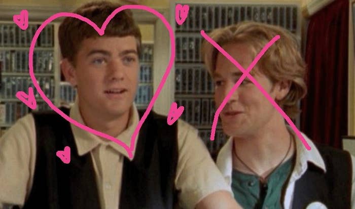 Pacey and Dawson in the video store; a love heart is drawn around Pacey while a cross is over Dawson&#x27;s face